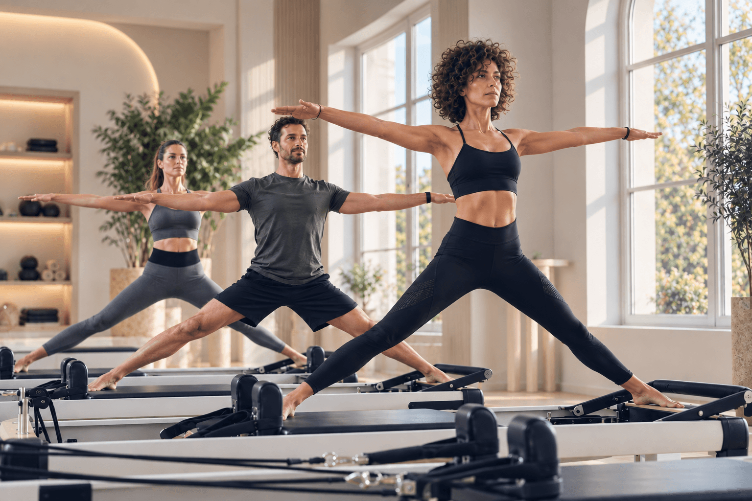Three clients practise standing exercises on Reformers in a bright studio.