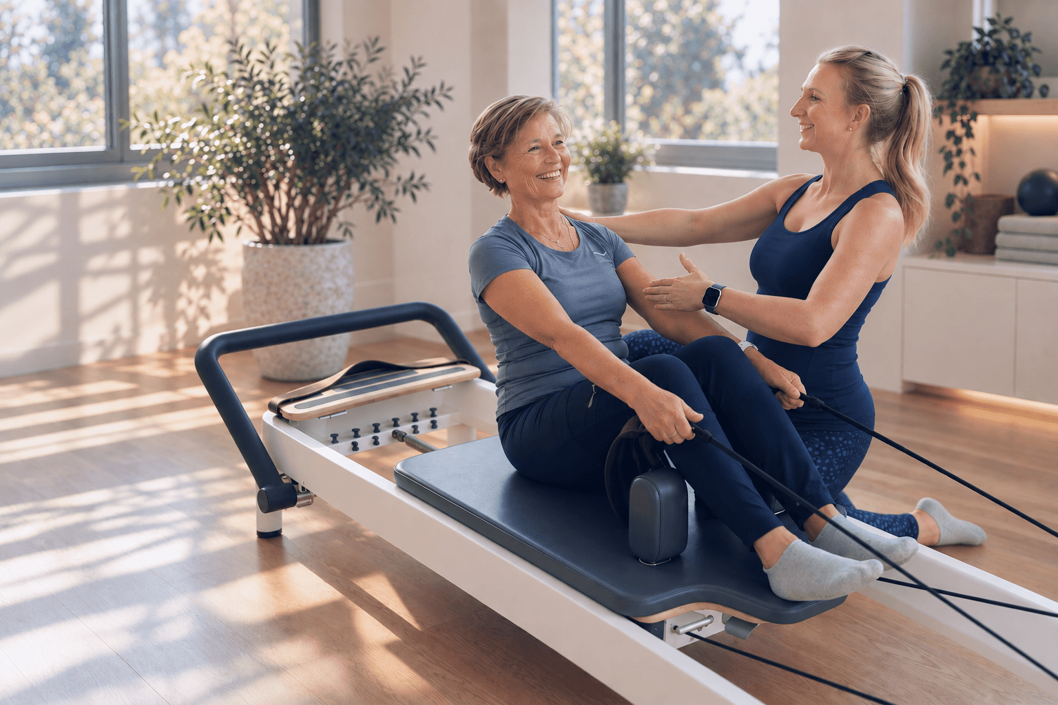 A Reformer instructor supports an older client during a studio session.